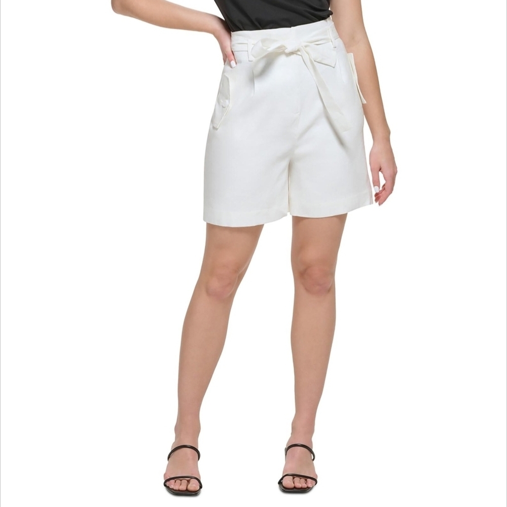 Calvin Klein High Waisted Linen Blend Belted Paperbag Shorts